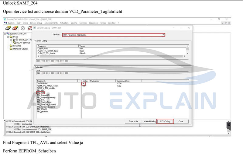function of vediamo software - Coding to enable parking light