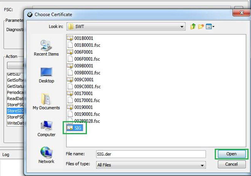 Import Custom bmw fsc code into BMW HU-CIC F series process: Locate and open the SIG.der file from the extracted folder