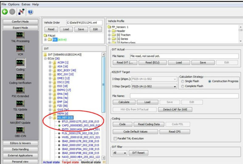 Activating bmw car lock sound process: Select "Read SVT" => HU_NBT (Head Unit – Navigation Business/Professional).