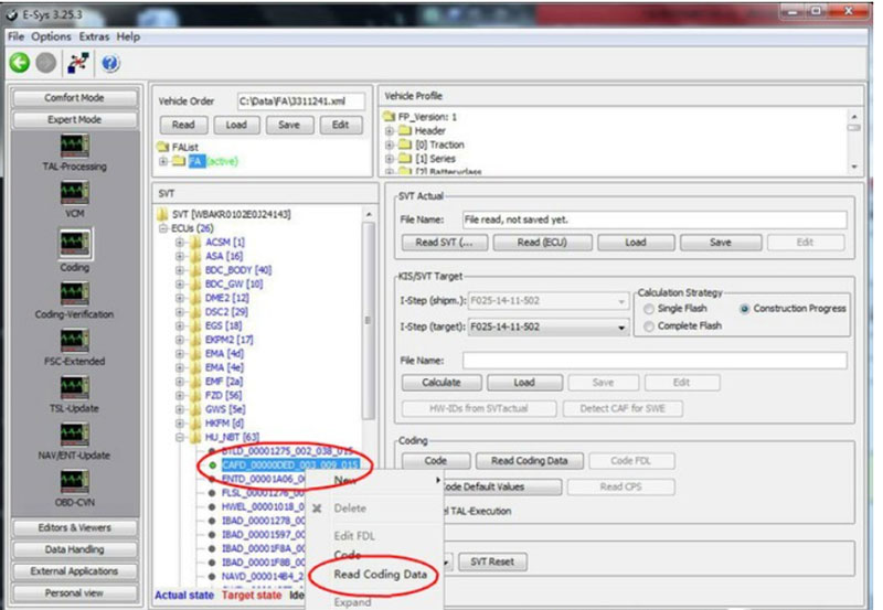 Find the module named HU_NBT (Head Unit – Navigation Business/Professional), right-click on it and select "Read coding data" to turn on/off bmw lock/ unlock sound
